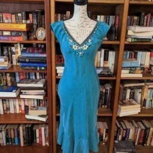 RARE vintage 90s bias cut cap sleeve v neck shell detail teal silk